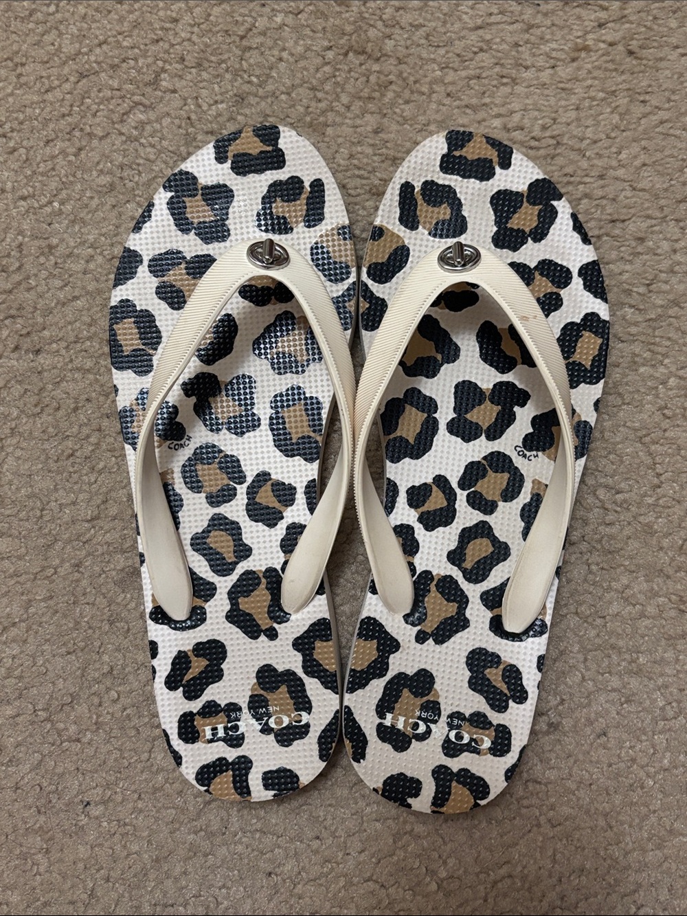 Coach Leopard-Print Flip Flops with Cream Straps